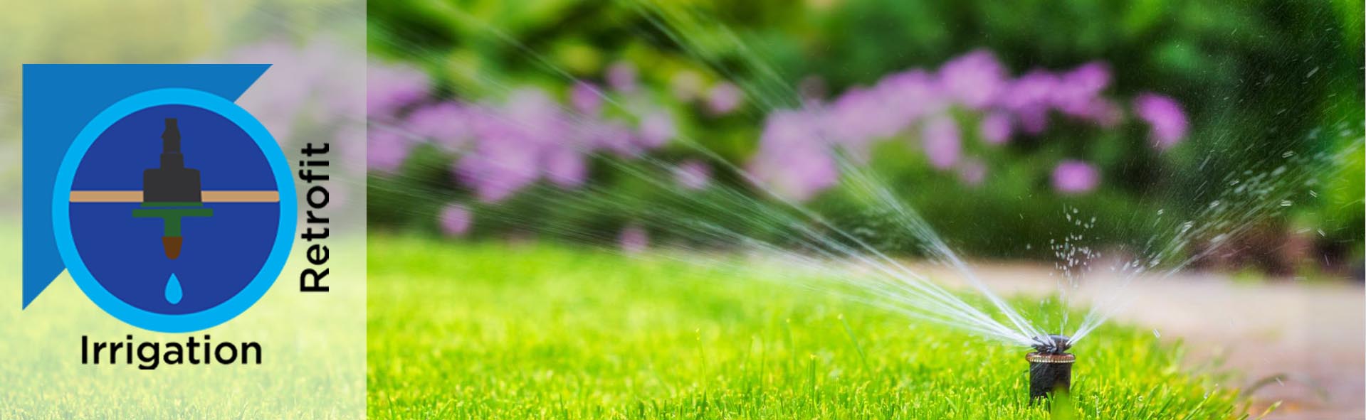 high efficiency sprinkler head watering lawn with planter in background